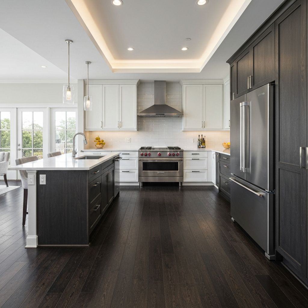 Contemporary kitchen with dark wood floors
